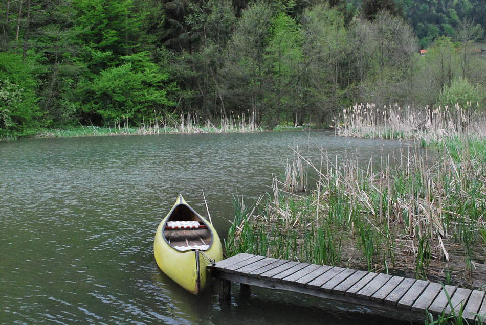 Fotografija kaže manjši pomol s čolnom na Braslovškem jezeru.